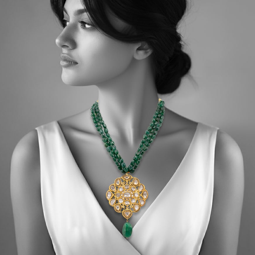 Three-Strand Zambian Emerald Necklace with Polki Pendant